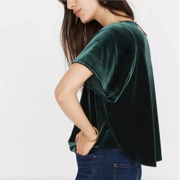 Madewell Dark Green Velvet Flutter Sleeve Loose Fit Top - Picture 2 of 7